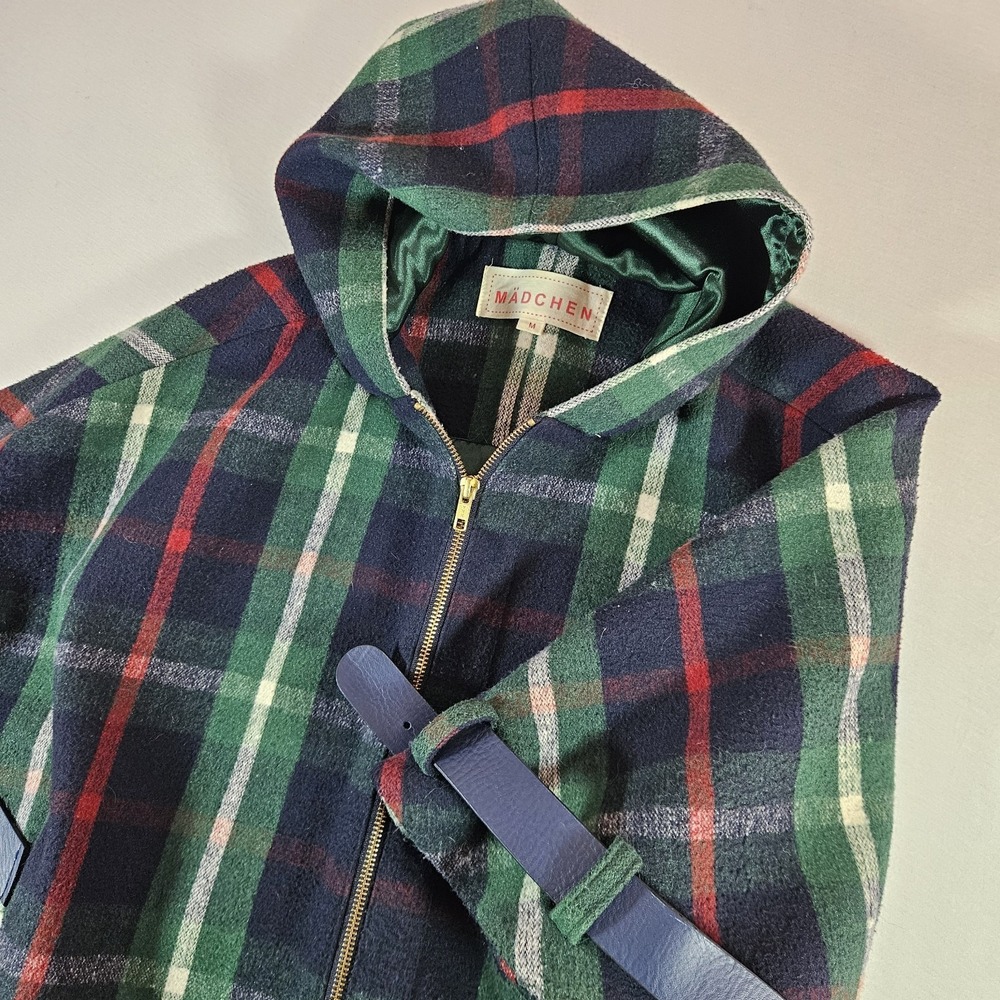 Anthropologie Madchen Plaid Hooded‎ Cape Constitutional Coat Leather Belt Size M